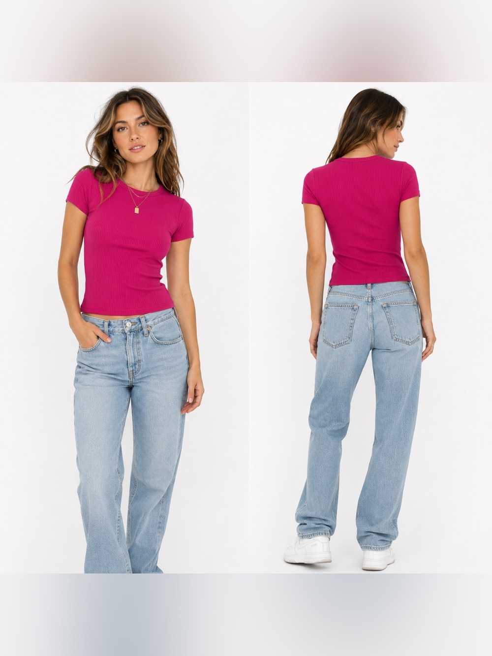 Gap XS Ribbed T Shirt Fuchsia Petal Pink Stretch Short Sleeve Crew Neck Top